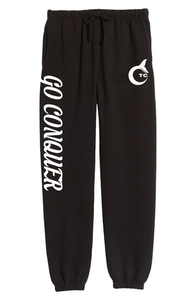 Black joggers with the phrase "Go Conquer" (vertical) on the right leg and the CTC logo juat below left pant pocket.